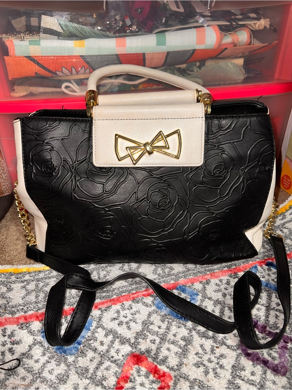Betsey Johnson Black and Cream Handbag with Gold Bow Accent